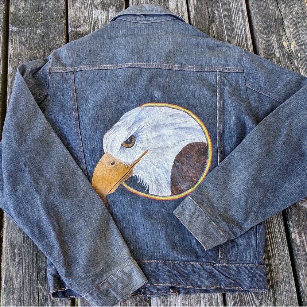 Vintage Roebucks Denim Jean Jacket Sanfordized‎ Painted Eagle Rainbow READ